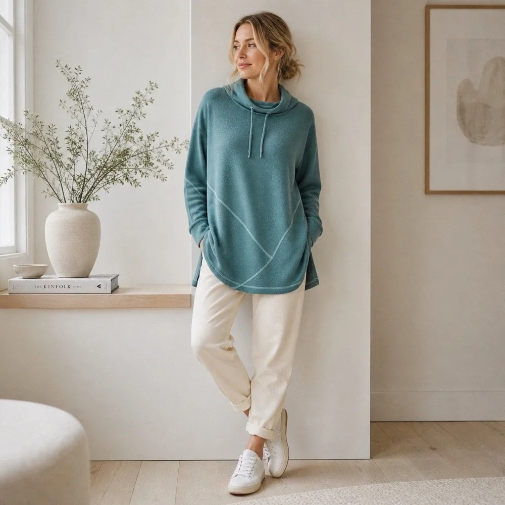Soft Surroundings Sweatshirt Womens S Teal Blue Tunic Waffle Knit Athleisure